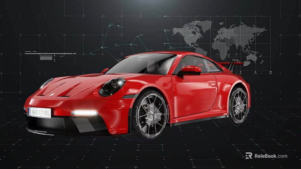 Red Modern Sports Car With World Map And Network Lines Background 3d model 