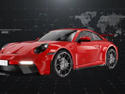 Red Modern Sports Car With World Map And Network Lines Background 3d model