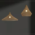 Woven Conical Pendant Lights in Brown with Glowing Bulbs Hanging Against Dark Wall