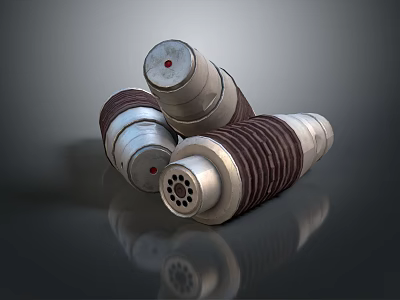 Three Industrial Cylindrical Components with Ribbed Metal Surface Red Top Indicators and Stacked Design 3d model