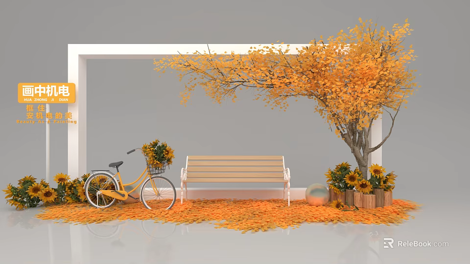 Fall Photo Check in Spot With White Frame Yellow Bicycle Wooden Bench And Sunflower Pots 3d model 