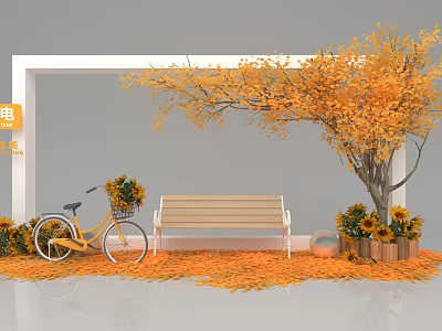 Fall Photo Check in Spot With White Frame Yellow Bicycle Wooden Bench And Sunflower Pots 3d model