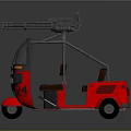 Red Three Wheeled Functional Vehicle With Roof Mounted Machine Gun And Brown Seats