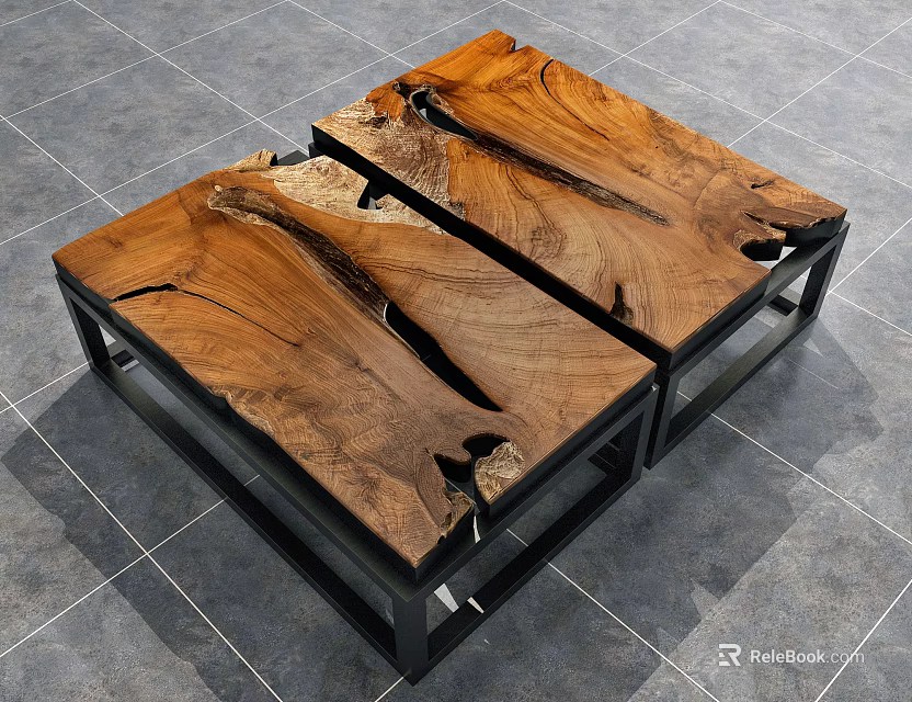 Modern Natural Wood Coffee Table With Black Metal Frame And Unique Grain 3d model 