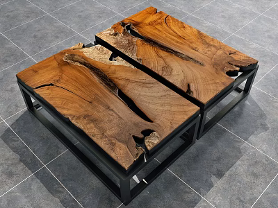 Modern Natural Wood Coffee Table With Black Metal Frame And Unique Grain 3d model