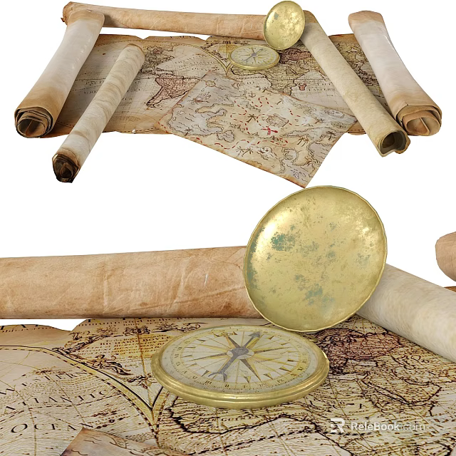 Antique Ancient Maps With Scrolls And Brass Compass On Vintage Paper 3d model 