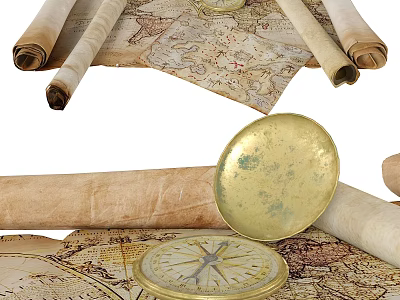 Antique Ancient Maps With Scrolls And Brass Compass On Vintage Paper 3d model