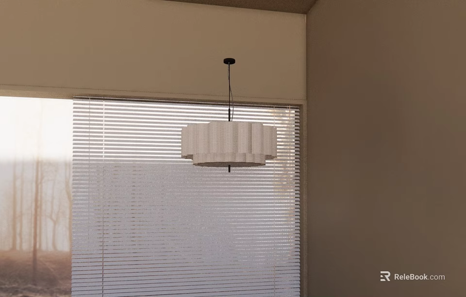 White Pleated Pendant Light Hanging Above Window With Blinds In Modern Interior Room 3d model 