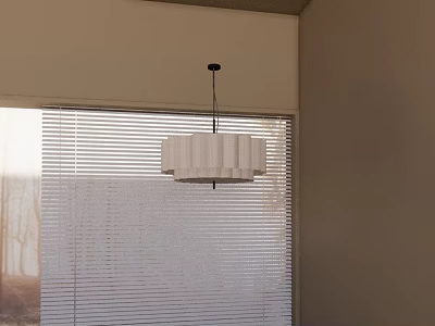 White Pleated Pendant Light Hanging Above Window With Blinds In Modern Interior Room 3d model