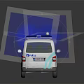 White Police Van With Blue Stripes And Flashing Lights On Top