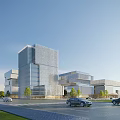 Modern Office Building With Glass Curtain Wall Landscaped Gardens And Cars On Adjacent Road