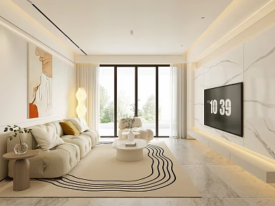 Modern Living Room Interior With Beige Sofa Throw Pillows Round Coffee Table And Wavy Rug 3d model