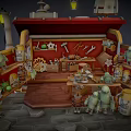 Cartoon Small Shop Scene With Stone Path Street Lamps Hanging Lanterns And Shelf Items