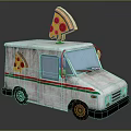 White Food Truck With Green Red Stripes And Pizza Slice On Top