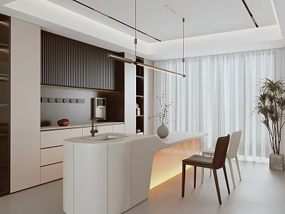 Modern Open Restaurant Interior Design With Island Counter Hanging Lights And Wooden Chairs 3d model