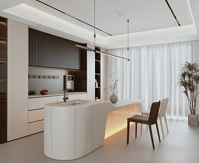 Modern Open Restaurant Interior Design With Island Counter Hanging Lights And Wooden Chairs 3d model