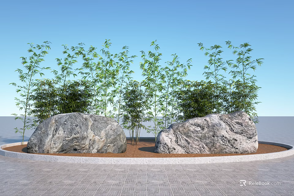 Natural Rocks And Wood Decor With Bamboo Green Plants On Brick Pavement Under Blue Sky 3d model 