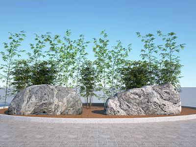 Natural Rocks And Wood Decor With Bamboo Green Plants On Brick Pavement Under Blue Sky 3d model