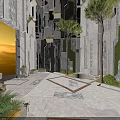 Modern Building Courtyard With Stone Walls Geometric Floor Vertical Gardens And Trees