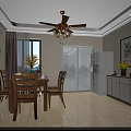 Modern Dining and Living Room with Wooden Table Chairs Ceiling Fan Curtains And Decorative Painting