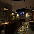 Cozy Restaurant Interior With Wooden Furniture Bohemian Carpet And Hanging Lamps