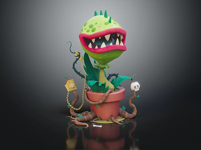 Green Carnivorous Plant with Sharp Teeth Mouth in Terracotta Pot and Snake Skull Decor 3d model