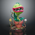 Green Carnivorous Plant with Sharp Teeth Mouth in Terracotta Pot and Snake Skull Decor