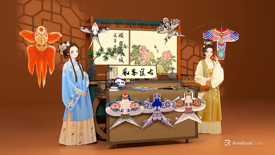Interactive Area For Traditional Kite Display With Ancient Style Characters And Decorative Screen 3d model 