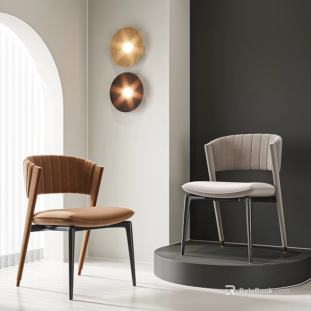 Modern Leisure Chairs With Brown Light Gray Striped Backrests And Black Metal Legs 3d model 