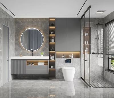 Modern Bathroom Interior Design With Round Mirror Gray Cabinets White Toilet And Shower Area 3d model
