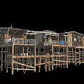 Old Connected Wooden Stilt Houses with Weathered Roofs Balconies Staircases and Wooden Pillars