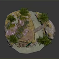 Cartoon Scene with Small Houses Pink Roofs Pine Trees Green Grass and Path