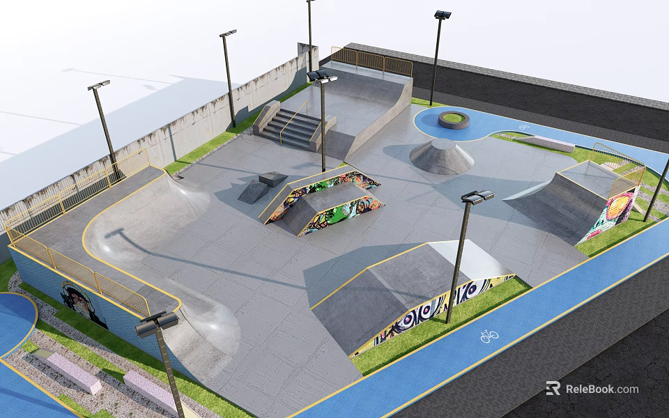 Modern Skate Park Design With Concrete Ramps Stairs And Lighting Facilities 3d model 