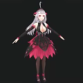 Anime Style Woman With Long Silver Hair Pink Accessories Black Pink Feather Dress