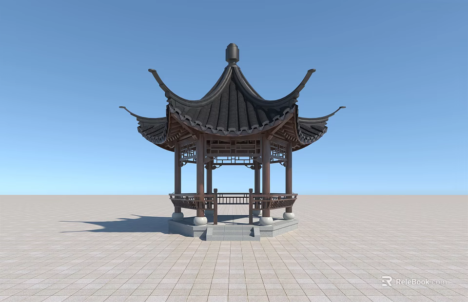Chinese Traditional Pavilion With Black Roof And Wooden Structure In Open Square Under Blue Sky 3d model 