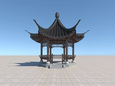 Chinese Traditional Pavilion With Black Roof And Wooden Structure In Open Square Under Blue Sky 3d model
