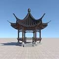 Chinese Traditional Pavilion With Black Roof And Wooden Structure In Open Square Under Blue Sky