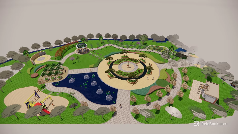 Beautiful Park Landscape Design With Central Circular Square Fountains Trees And Walking Paths 3d model 