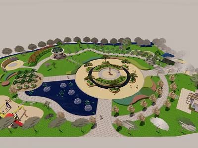 Beautiful Park Landscape Design With Central Circular Square Fountains Trees And Walking Paths 3d model