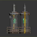 Space Exploration Aerospace Structure With Silver Cylindrical Bodies Metal Rods Yellow Hoses And Green Glow