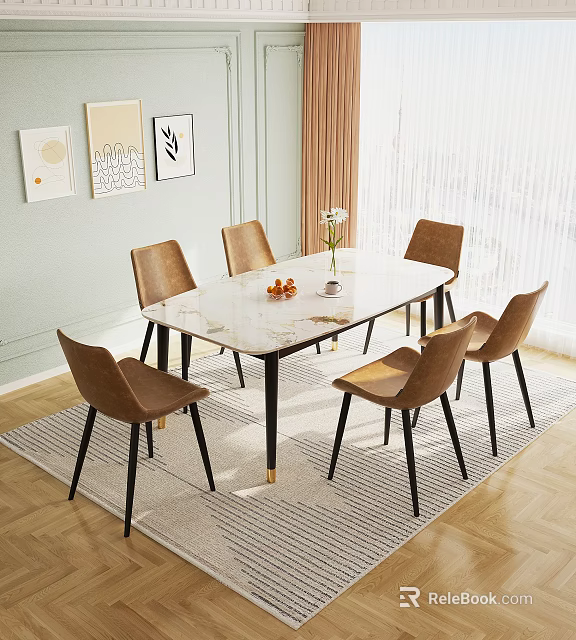 Elegant Dining Table Set Featuring Marble Top Six Brown Chairs Black Legs and Golden Accents 3d model 