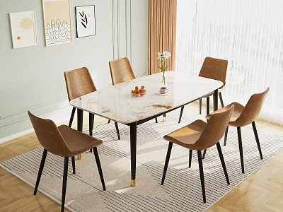 Elegant Dining Table Set Featuring Marble Top Six Brown Chairs Black Legs and Golden Accents 3d model