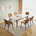 Elegant Dining Table Set Featuring Marble Top Six Brown Chairs Black Legs and Golden Accents