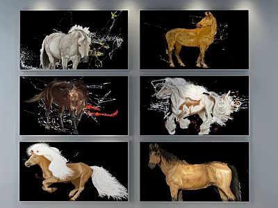 Set of Six Colorful Horse Art Paintings With Abstract Splash Background 3d model