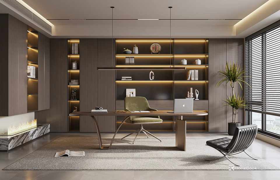 Modern Study Room Interior With Wooden Bookshelves And Comfortable Study Chair 3d model 
