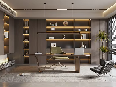 Modern Study Room Interior With Wooden Bookshelves And Comfortable Study Chair 3d model