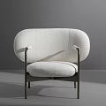 Modern White Bouclé Fabric Lounge Chair With Metal Armrests And Black Frame