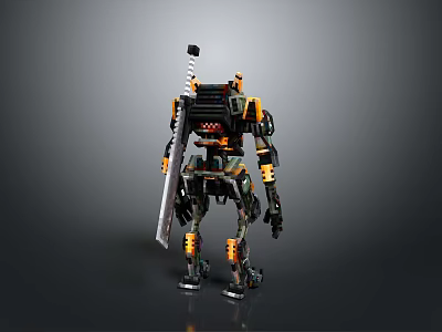 Futuristic Mechanical Robot Character With Yellow Black Armor Holding Sword In Standing Stance 3d model