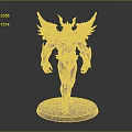 Detailed Dark Armor Statue With Golden Wings And Horns On Round Base
