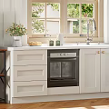 Kitchen Storage Shelf With Microwave Plates And Spice Bottles Near Window